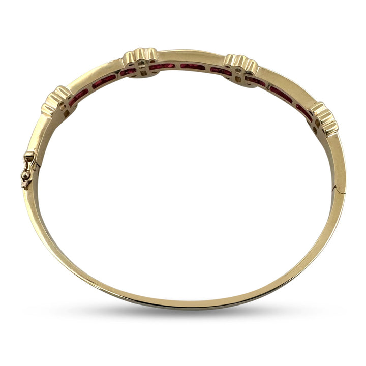 Vintage Ruby and Natural Diamond Hinged Cuff Bracelet in 14k Yellow Gold
