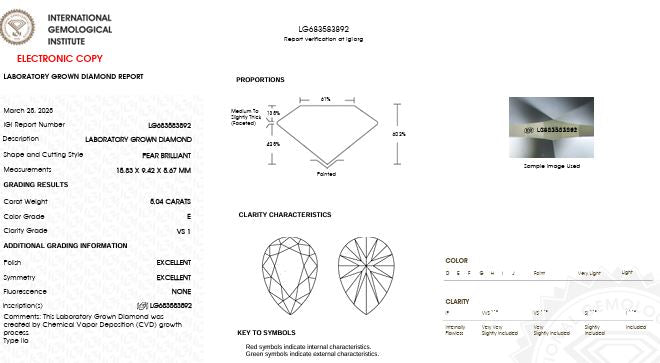 Loose IGI Graded 5.04ct Pear Lab-Grown Diamond, E Color, VS1 Clarity