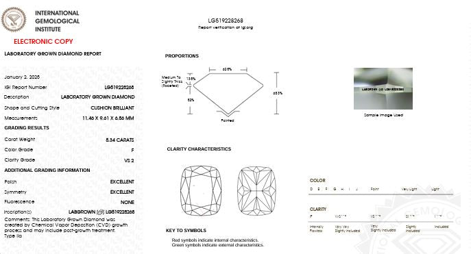 Loose IGI Graded 5.34ct Cushion Cut Lab-Grown Diamond, F Color VS2 Clarity
