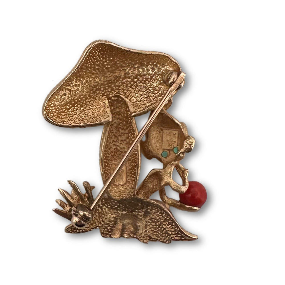 Vintage Coral & Emerald Mushroom and Fairy Figural Brooch in 14k Yellow Gold