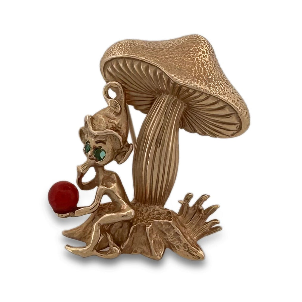 Vintage Coral & Emerald Mushroom and Fairy Figural Brooch in 14k Yellow Gold