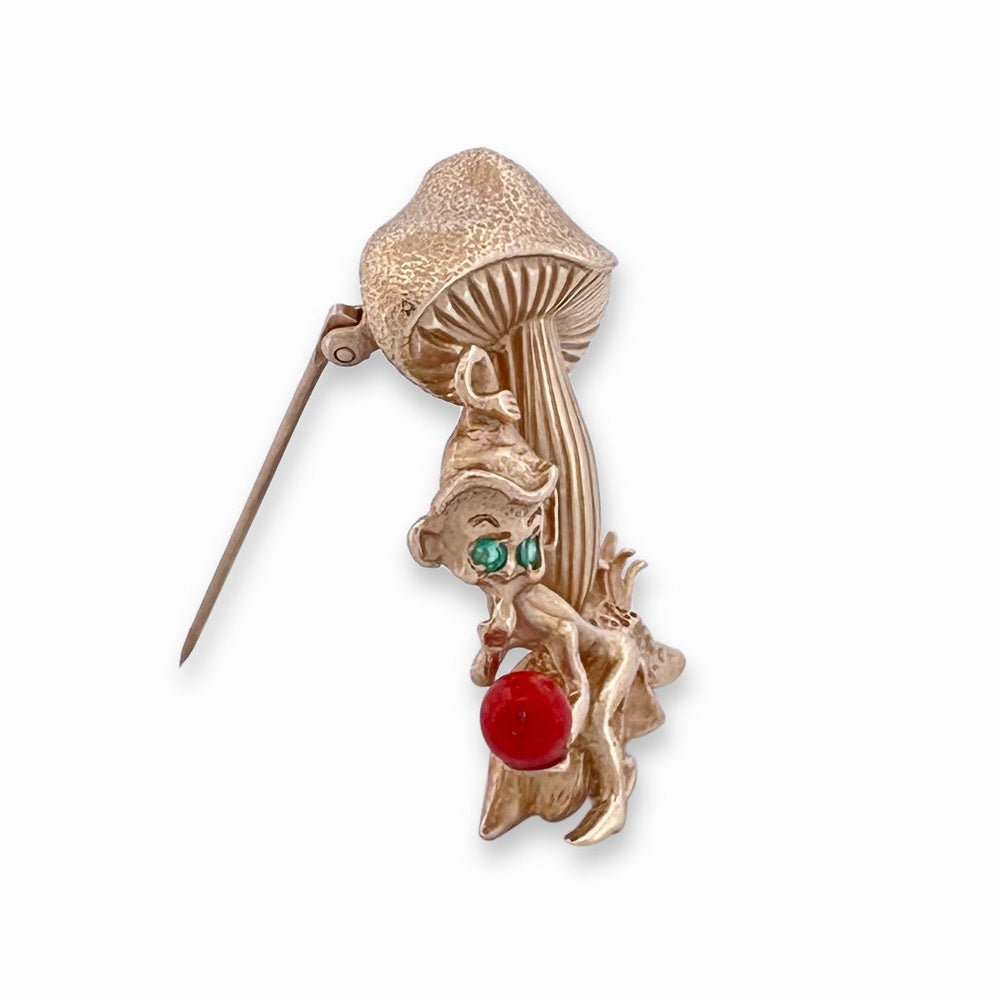 Vintage Coral & Emerald Fairy & Mushroom Figural Brooch in 14k Yellow Gold