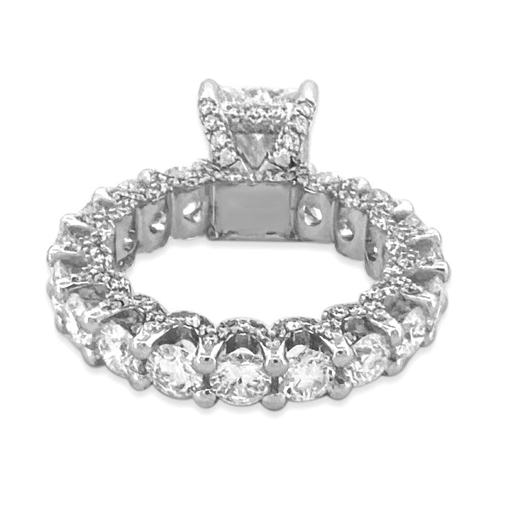 IGI Graded 6.79ctw Radiant & Round Brilliant Cut Lab-Grown Diamond Hidden Halo Eternity Engagement Ring in 14k White Gold