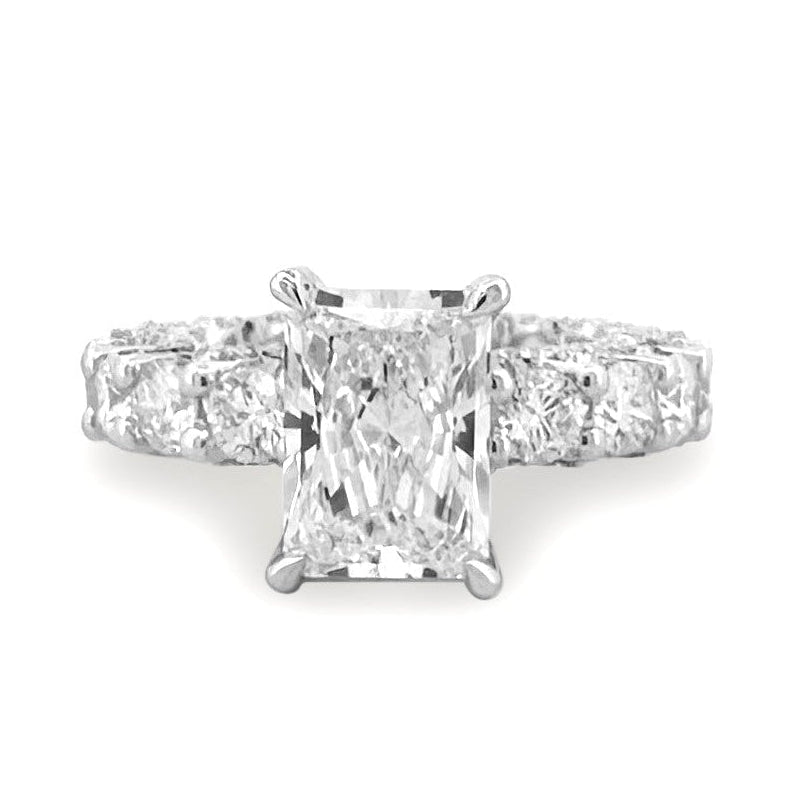 IGI Graded 6.79ctw Radiant & Round Brilliant Cut Lab-Grown Diamond Hidden Halo Eternity Engagement Ring in 14k White Gold