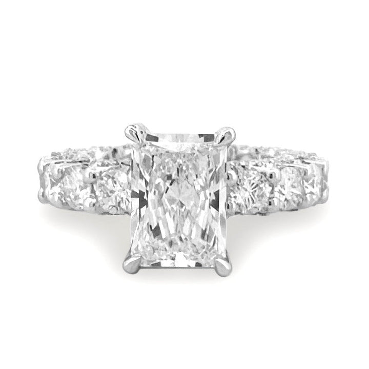 IGI Graded 6.79ctw Radiant & Round Brilliant Cut Lab-Grown Diamond Hidden Halo Eternity Engagement Ring in 14k White Gold