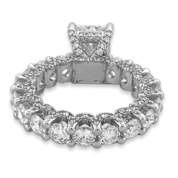 IGI Graded 6.79ctw Radiant & Round Brilliant Cut Lab-Grown Diamond Hidden Halo Eternity Engagement Ring in 14k White Gold