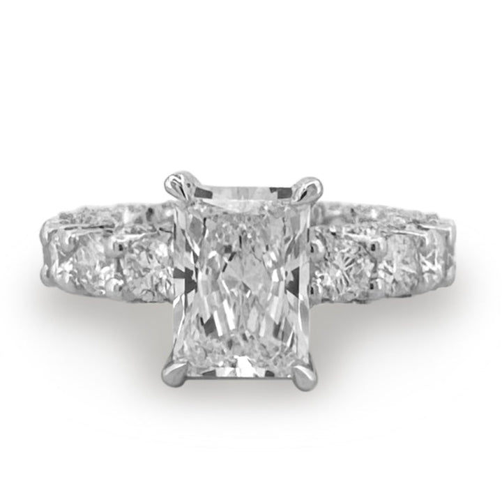 IGI Graded 6.79ctw Radiant & Round Brilliant Cut Lab-Grown Diamond Hidden Halo Eternity Engagement Ring in 14k White Gold