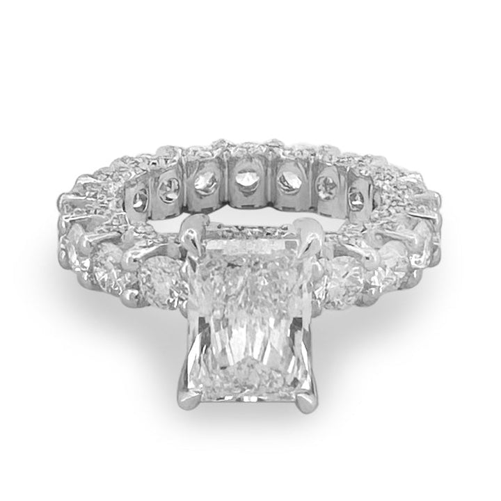IGI Graded 6.79ctw Radiant & Round Brilliant Cut Lab-Grown Diamond Hidden Halo Eternity Engagement Ring in 14k White Gold