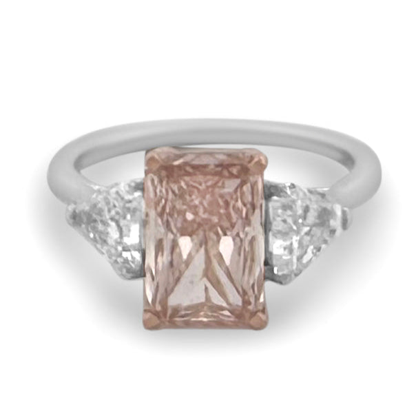 IGI Graded 2.41ct Fancy Vivid Pink Radiant with Triangle Sides 3-Stone Lab-Grown Diamond Engagement Ring in 14k White & Rose Gold