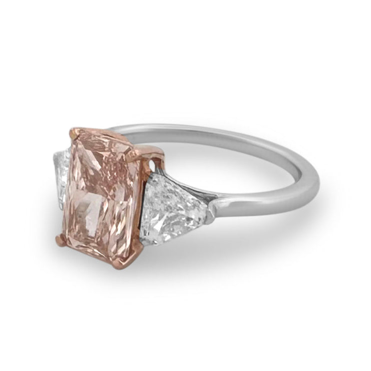 IGI Graded 2.41ct Fancy Vivid Pink Radiant with Triangle Sides 3-Stone Lab-Grown Diamond Engagement Ring in 14k White & Rose Gold