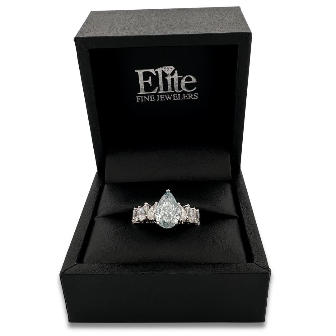 IGI Graded 2.62ct Fancy Intense Greenish Blue Pear Cut Lab-Grown Diamond Eternity Engagement Ring in 14k White Gold