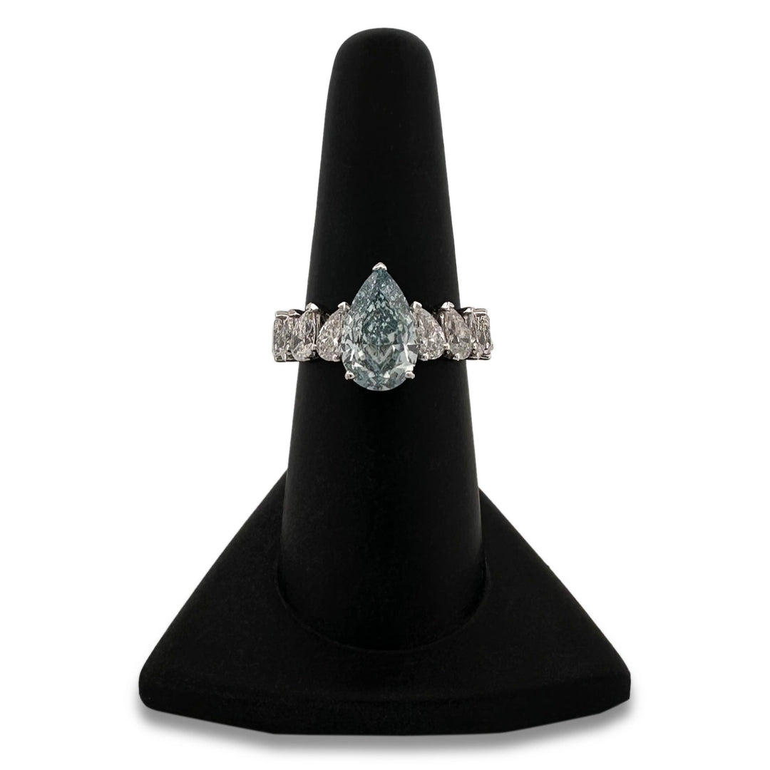 IGI Graded 2.62ct Fancy Intense Greenish Blue Pear Cut Lab-Grown Diamond Eternity Engagement Ring in 14k White Gold
