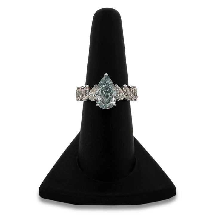IGI Graded 2.62ct Fancy Intense Greenish Blue Pear Cut Lab-Grown Diamond Eternity Engagement Ring in 14k White Gold