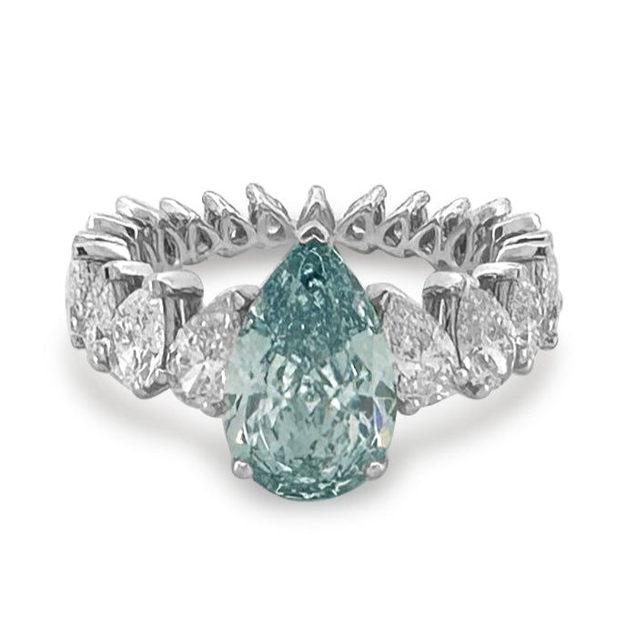 IGI Graded 2.62ct Fancy Intense Greenish Blue Pear Cut Lab-Grown Diamond Eternity Engagement Ring in 14k White Gold