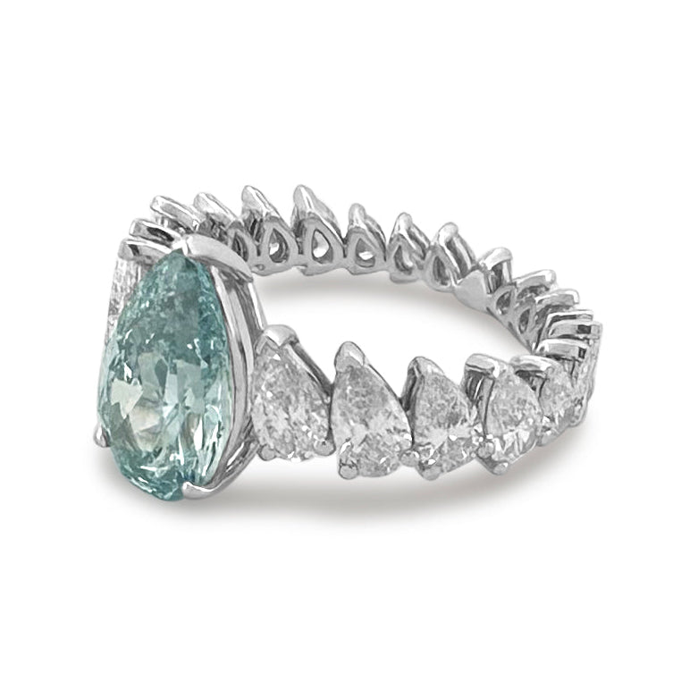IGI Graded 2.62ct Fancy Intense Greenish Blue Pear Cut Lab-Grown Diamond Eternity Engagement Ring in 14k White Gold