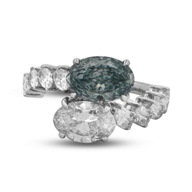 IGI Graded 5.39ctw Fancy Blue & Colorless Ovals with Round Brilliants Lab-Grown Diamond Hidden Halo Toi et Moi Engagement Ring in 14k White Gold