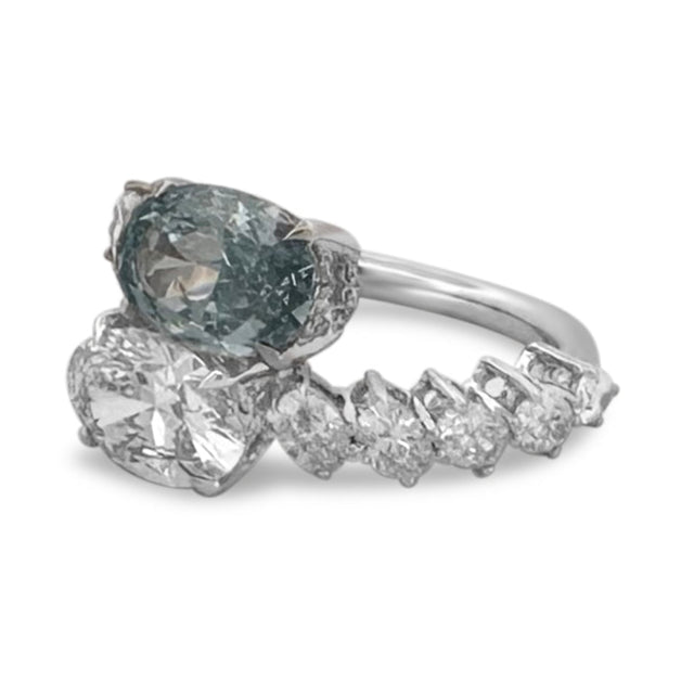 IGI Graded 5.39ctw Fancy Blue & Colorless Ovals with Round Brilliants Lab-Grown Diamond Hidden Halo Toi et Moi Engagement Ring in 14k White Gold