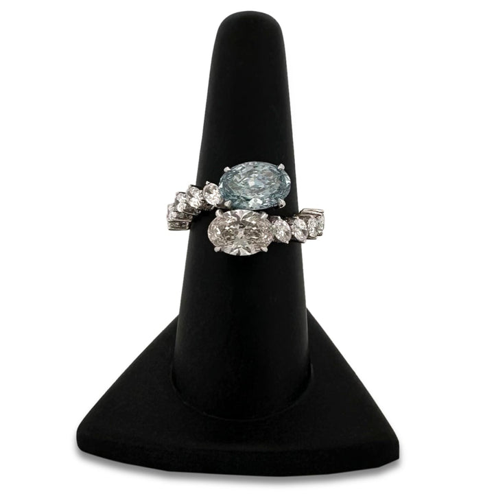 IGI Graded 5.39ctw Fancy Blue & Colorless Ovals with Round Brilliants Lab-Grown Diamond Hidden Halo Toi et Moi Engagement Ring in 14k White Gold