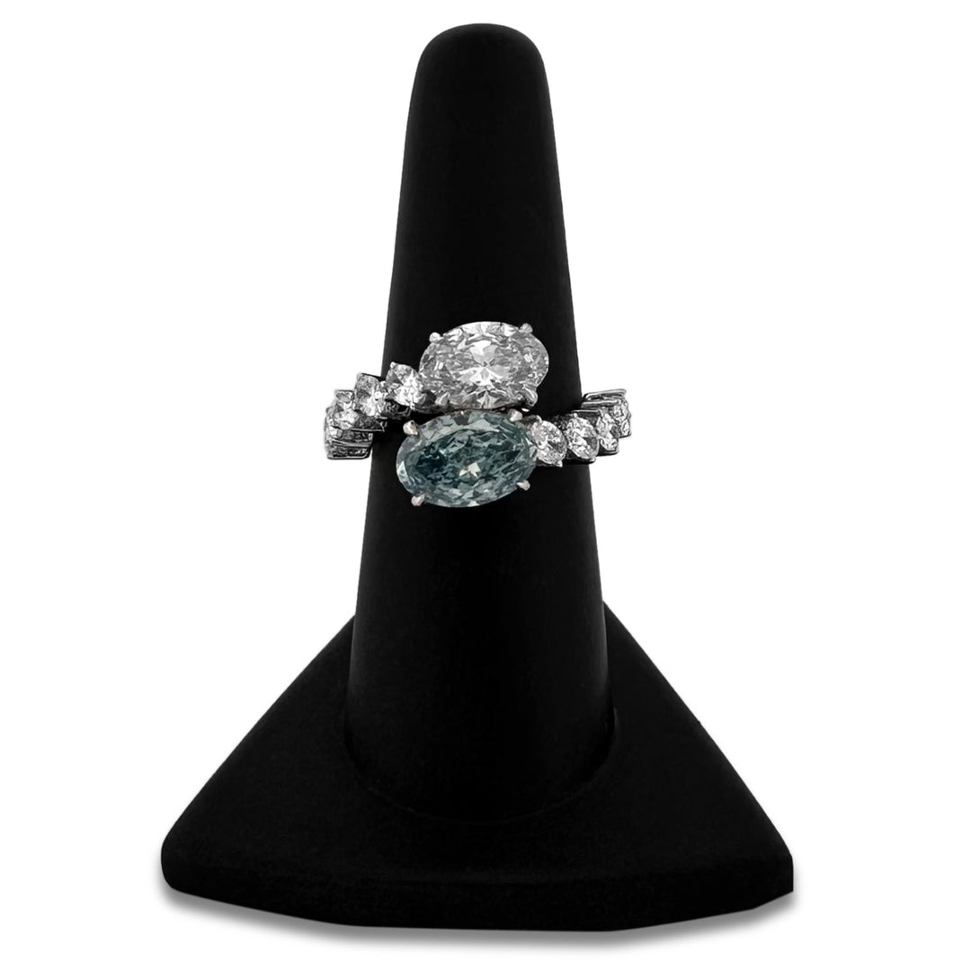 IGI Graded 5.39ctw Fancy Blue & Colorless Ovals with Round Brilliants Lab-Grown Diamond Hidden Halo Toi et Moi Engagement Ring in 14k White Gold