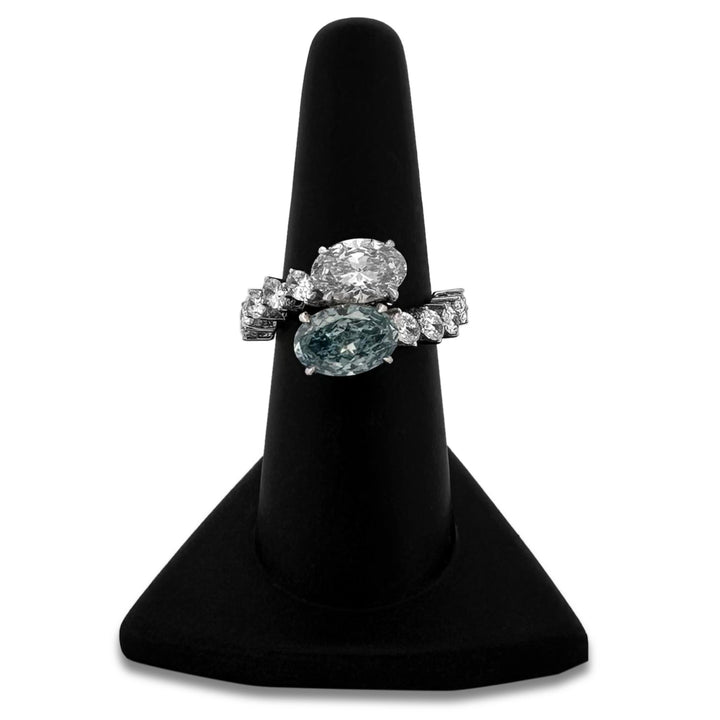 IGI Graded 5.39ctw Fancy Blue & Colorless Ovals with Round Brilliants Lab-Grown Diamond Hidden Halo Toi et Moi Engagement Ring in 14k White Gold