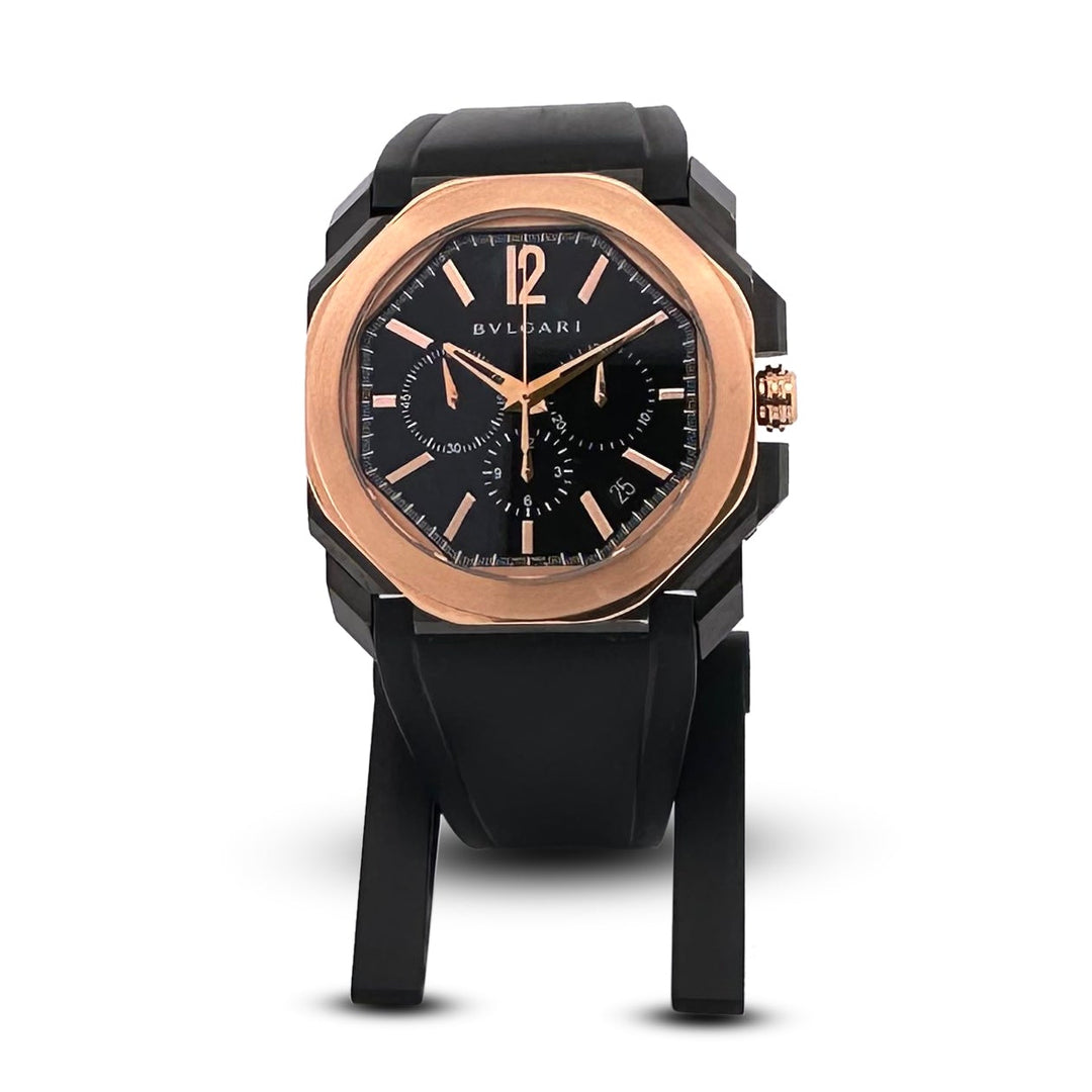 Bvlgari Octo Finissimo 44mm Ceramic Case & Rose Gold Bezel Men's Rubber Strap Watch with Box