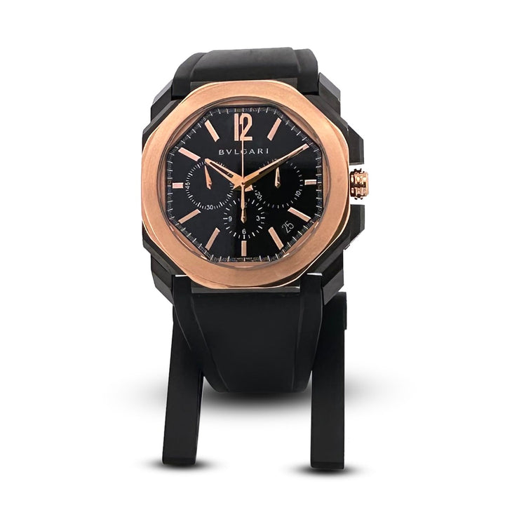 Bvlgari Octo Finissimo 44mm Ceramic Case & Rose Gold Bezel Men's Rubber Strap Watch with Box