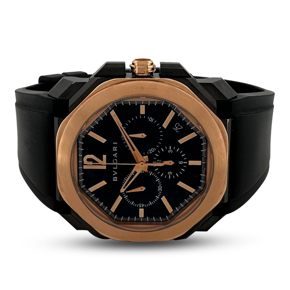 Bvlgari Octo Finissimo 44mm Ceramic Case & Rose Gold Bezel Men's Rubber Strap Watch with Box