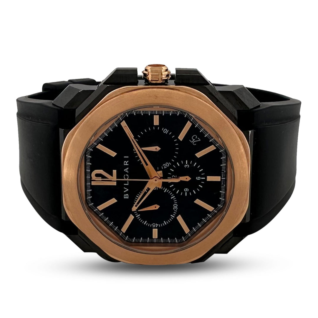 Bvlgari Octo Finissimo 44mm Ceramic Case & Rose Gold Bezel Men's Rubber Strap Watch with Box