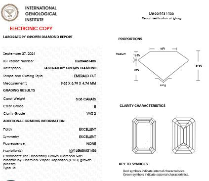 Loose IGI Graded 3.06ct Emerald Cut Lab-Grown Diamond, E Color, VVS2 Clarity