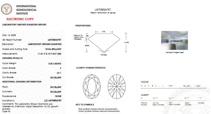 Loose IGI Graded 3.00ct Oval Brilliant Lab-Grown Diamond, F Color, VS1 Clarity