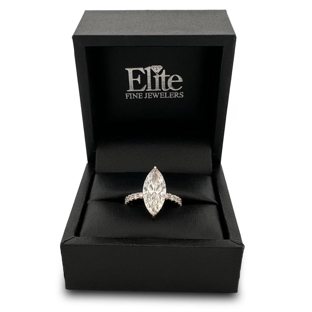 IGI Graded 4ct Marquise Center with Round Brilliant Lab-Grown Diamond Hidden Halo Engagement Ring in 14k Yellow Gold