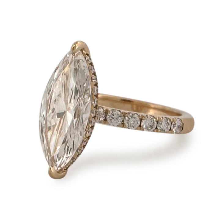 IGI Graded 4ct Marquise Center with Round Brilliant Lab-Grown Diamond Hidden Halo Engagement Ring in 14k Yellow Gold