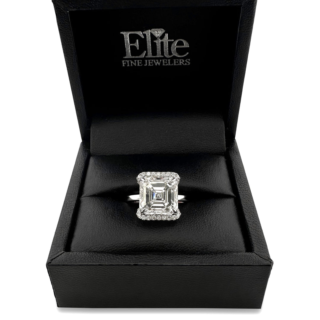 IGI Graded 7.44ct Asscher Cut with Round Brilliant Cut Halo Lab-Grown Diamond Engagement Ring in 14k White Gold