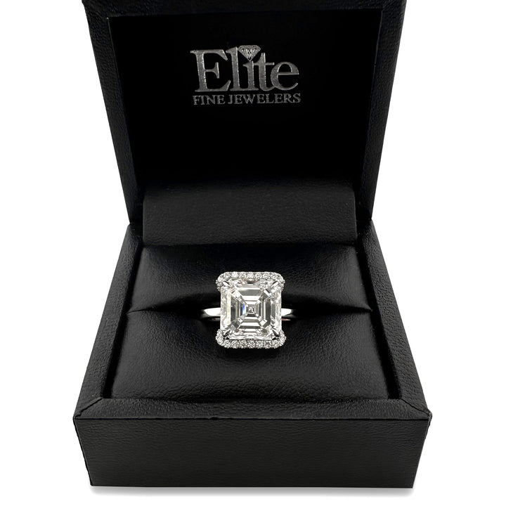 IGI Graded 7.44ct Asscher Cut with Round Brilliant Cut Halo Lab-Grown Diamond Engagement Ring in 14k White Gold