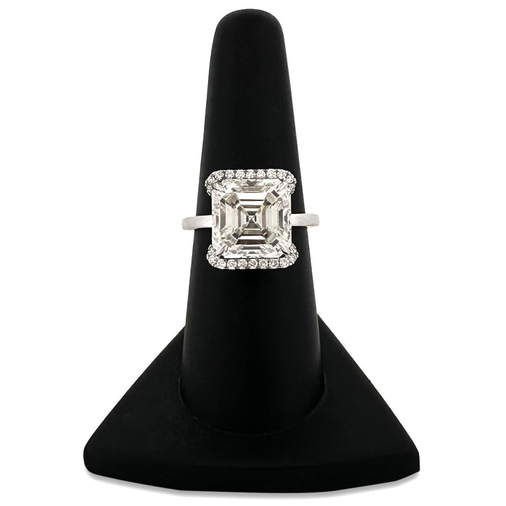 IGI Graded 7.44ct Asscher Cut with Round Brilliant Cut Halo Lab-Grown Diamond Engagement Ring in 14k White Gold