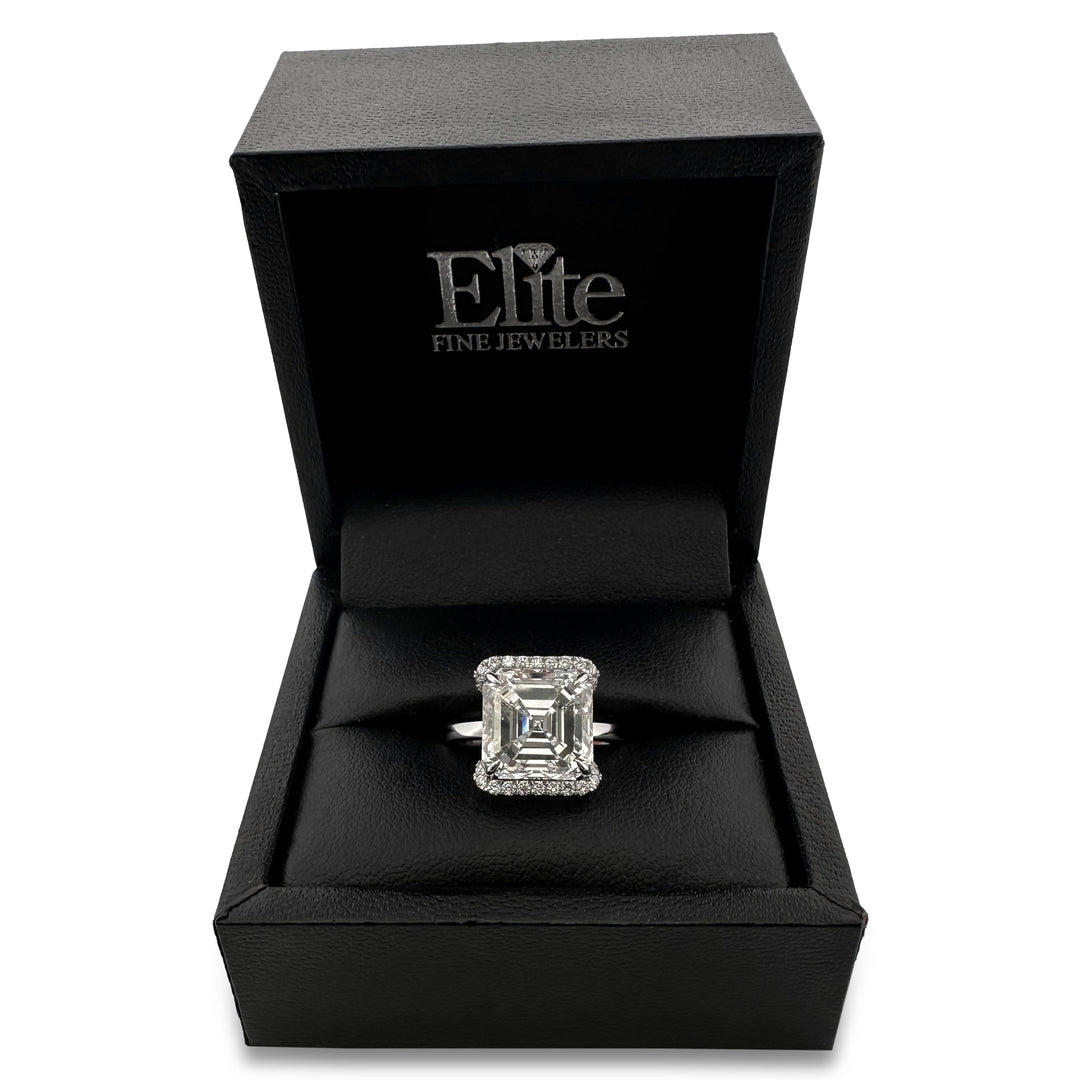 IGI Graded 7.44ct Asscher Cut with Round Brilliant Cut Halo Lab-Grown Diamond Engagement Ring in 14k White Gold