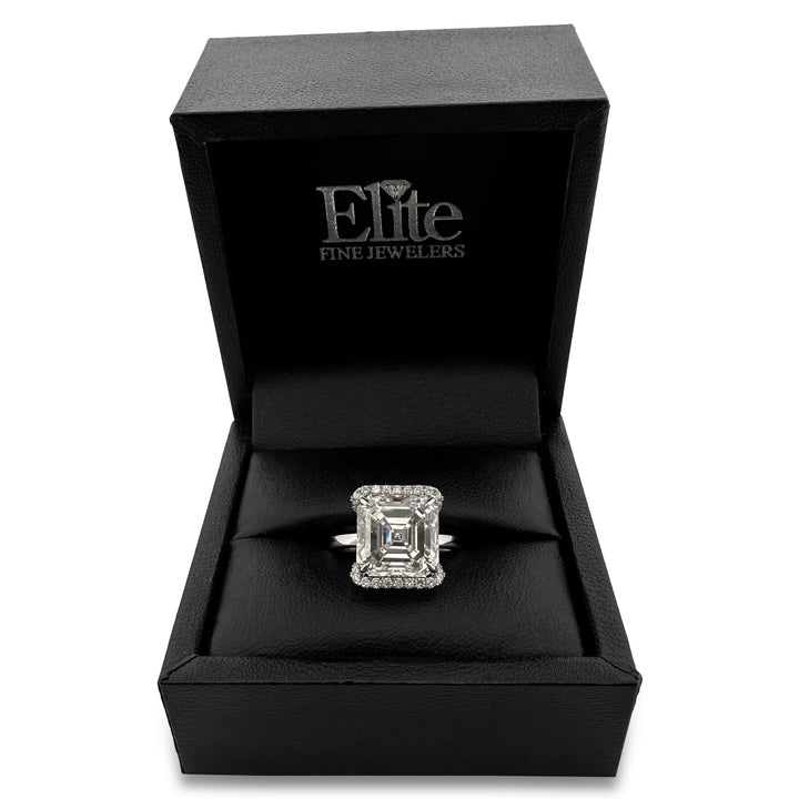 IGI Graded 7.44ct Asscher Cut with Round Brilliant Cut Halo Lab-Grown Diamond Engagement Ring in 14k White Gold