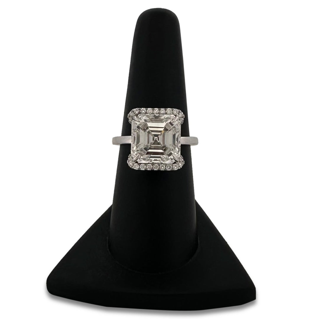 IGI Graded 7.44ct Asscher Cut with Round Brilliant Cut Halo Lab-Grown Diamond Engagement Ring in 14k White Gold