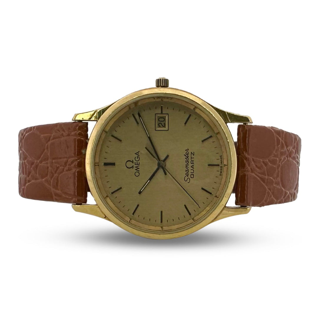 Vintage Omega Seamaster Quartz 33mm 18k Yellow Gold Strap Watch