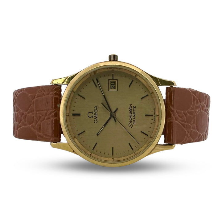 Vintage Omega Seamaster Quartz 33mm 18k Yellow Gold Strap Watch