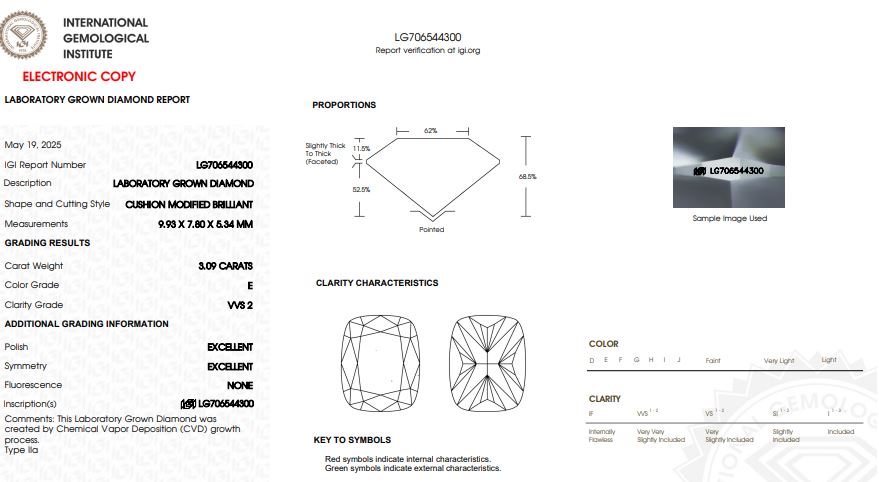 IGI Graded 3.09ct Cushion Cut with Baguettes Lab-Grown Diamond Engagement Ring in 14k Yellow Gold