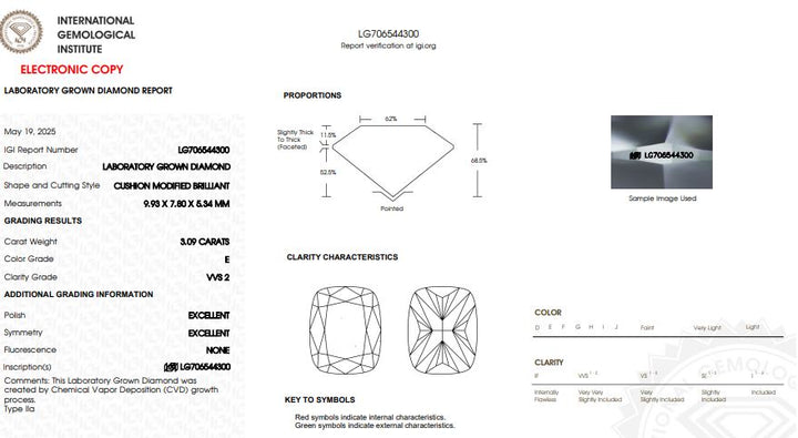 IGI Graded 3.09ct Cushion Cut with Baguettes Lab-Grown Diamond Engagement Ring in 14k Yellow Gold