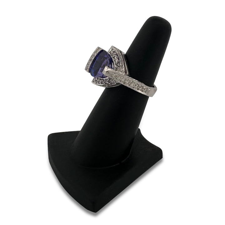 Triangular Tanzanite & Round Brilliant Natural Diamond Cocktail Ring in 18k White Gold