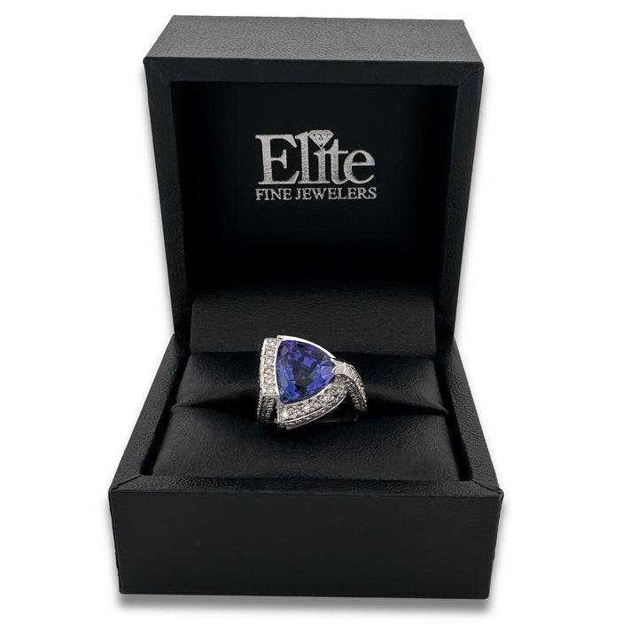 Triangular Tanzanite & Round Brilliant Natural Diamond Cocktail Ring in 18k White Gold