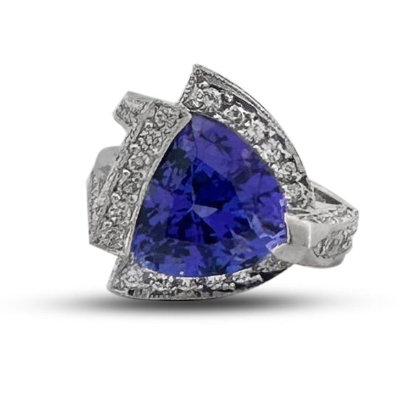Triangular Tanzanite & Round Brilliant Natural Diamond Cocktail Ring in 18k White Gold