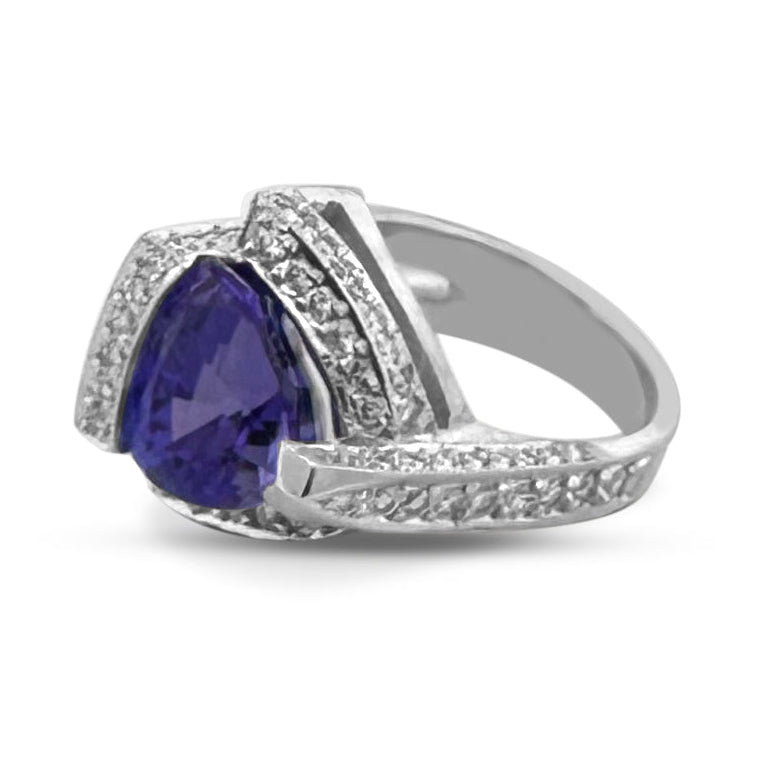 Triangular Tanzanite & Round Brilliant Natural Diamond Cocktail Ring in 18k White Gold
