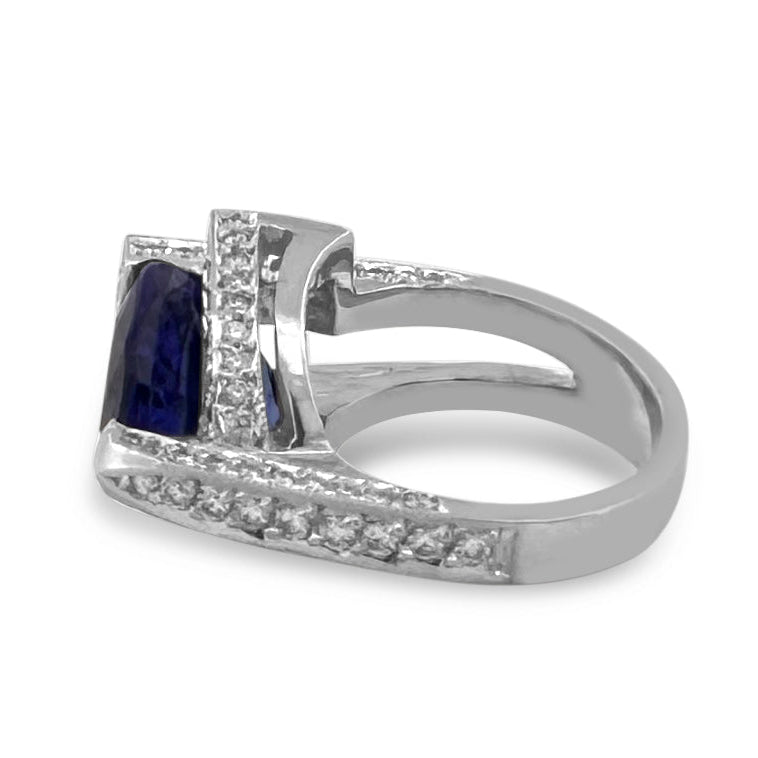 Triangular Tanzanite & Round Brilliant Natural Diamond Cocktail Ring in 18k White Gold