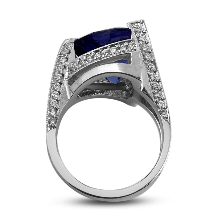 Triangular Tanzanite & Round Brilliant Natural Diamond Cocktail Ring in 18k White Gold
