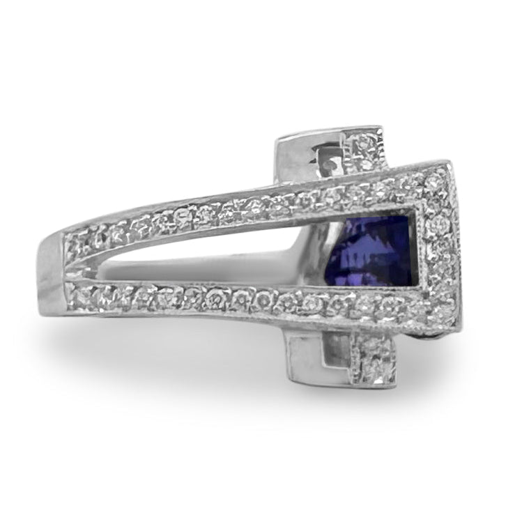 Triangular Tanzanite & Round Brilliant Natural Diamond Cocktail Ring in 18k White Gold