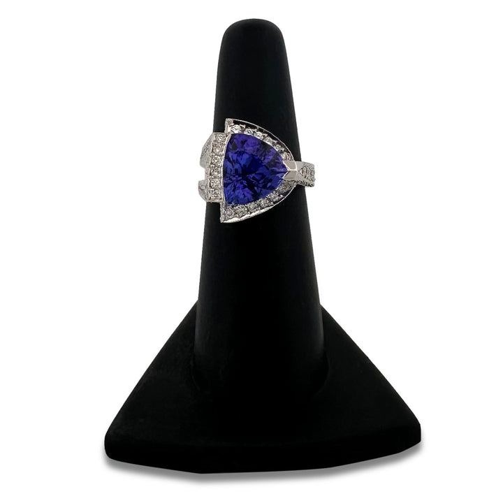 Triangular Tanzanite & Round Brilliant Natural Diamond Cocktail Ring in 18k White Gold
